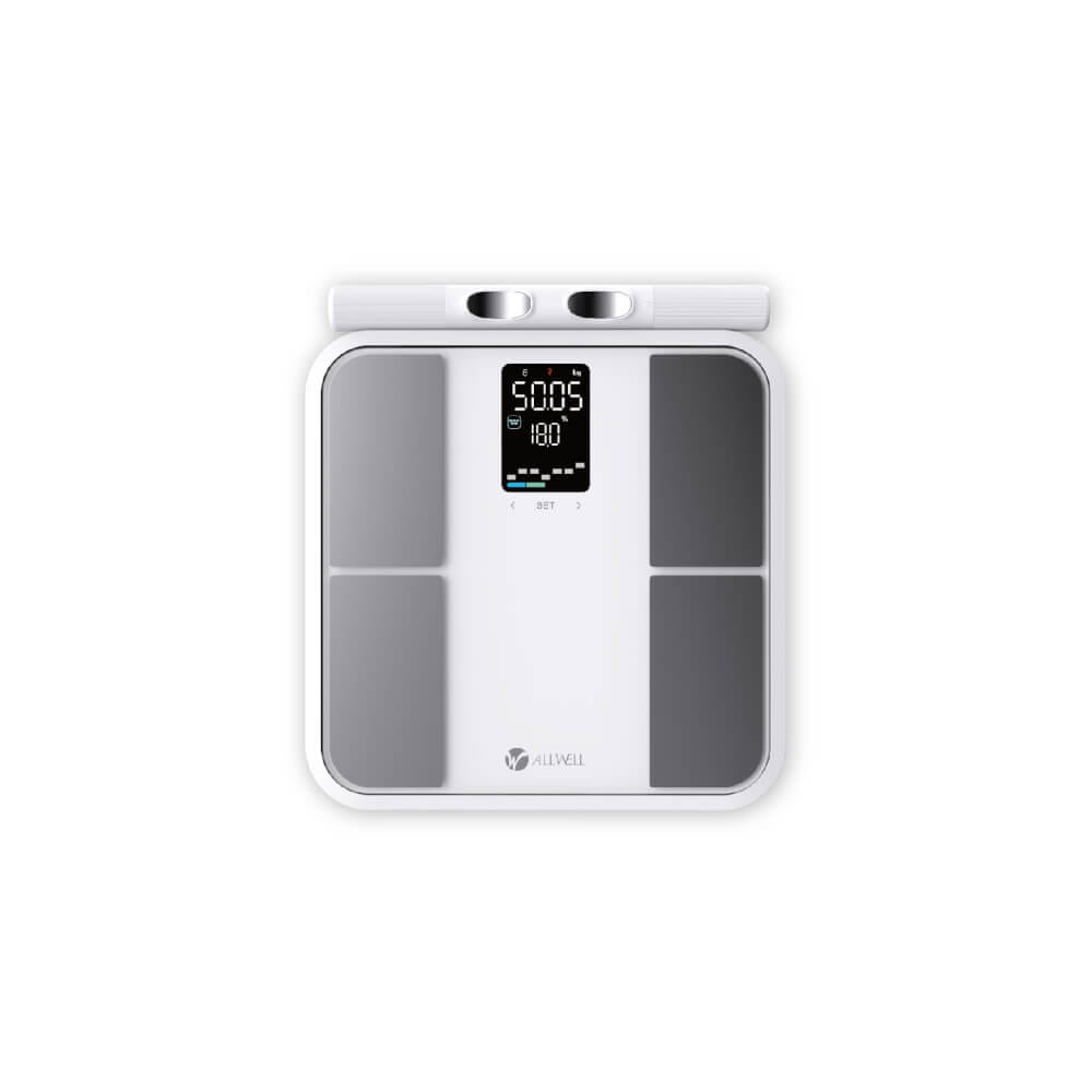 เครื่องชั่งน้ำหนักวัดมวลกาย ALLWELL รุ่น BODYA-PRO 8 อิเล็กโทรด วัดได้ 31 ค่า เชื่อมต่อแอปพลิเคชันได้ สีขาว_0